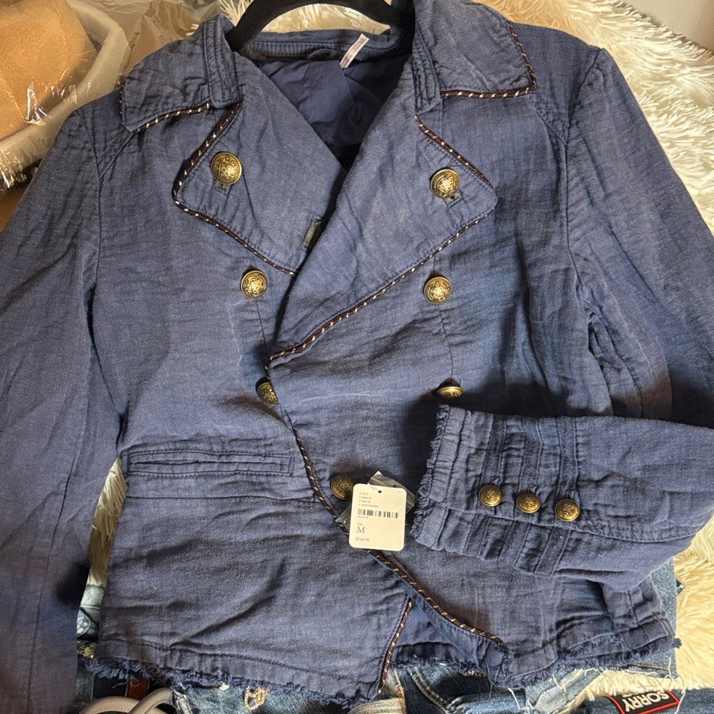 Free People Blue Double-Breasted Blazer